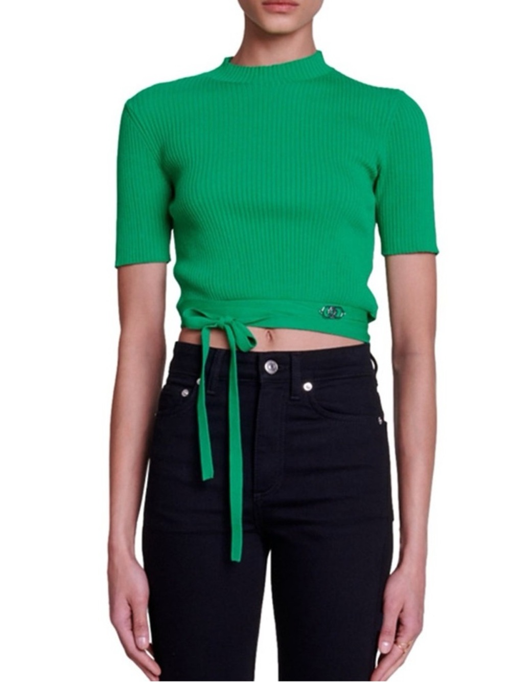 NWOT Maje Green Ribbed Tie-Waist Crop Top Size 3 (L)